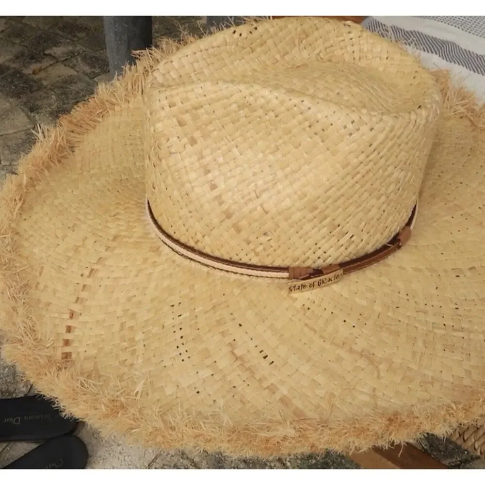 HAT FEDORA WIDE BRIM RAFFIA STRAW HAT